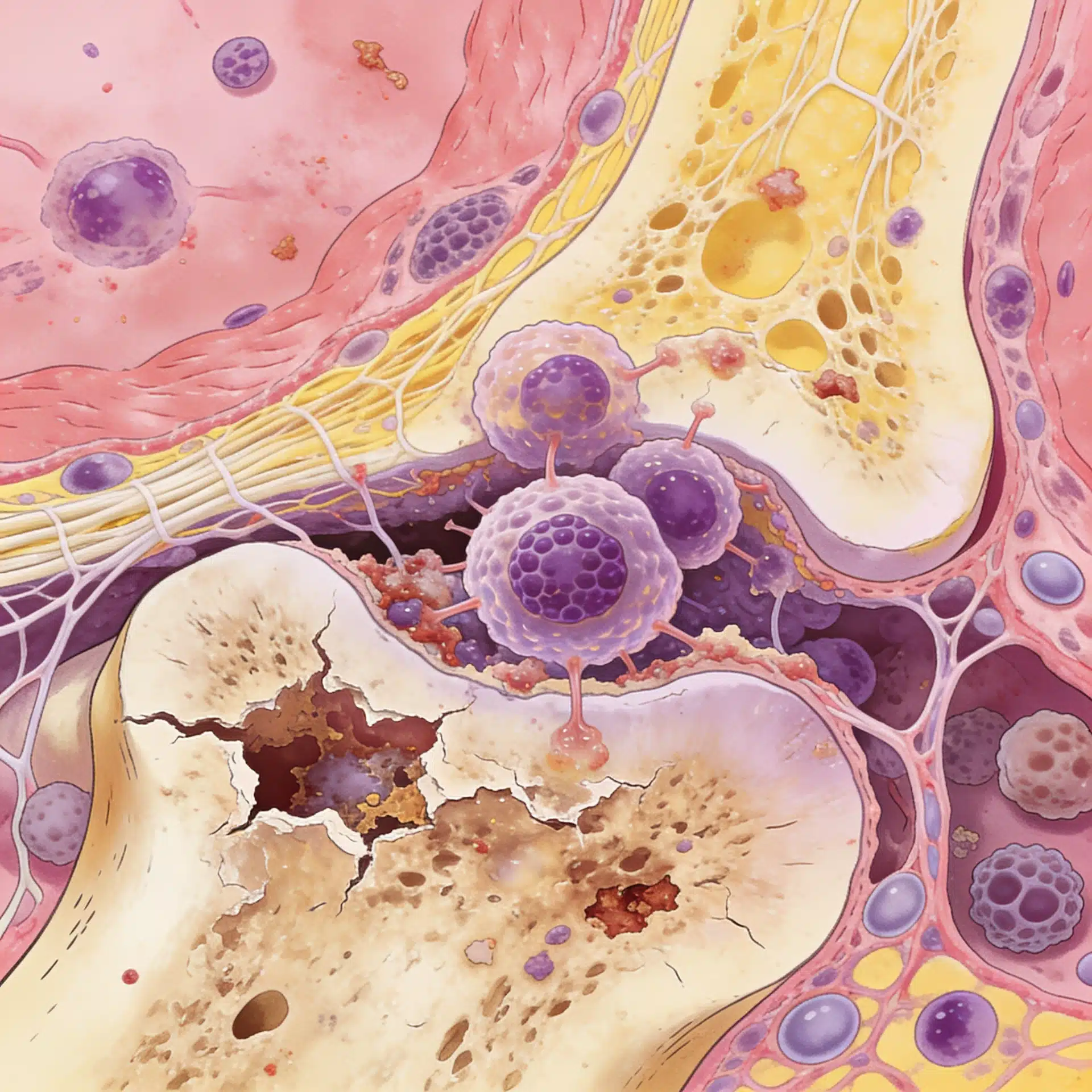 Microscopic Illustration Of Active Bone Resorption In The Jaw Joint, With Bone-Resorbing Cells Breaking Down The Bony Surface And Releasing Fragments Into The Surrounding Tissue.