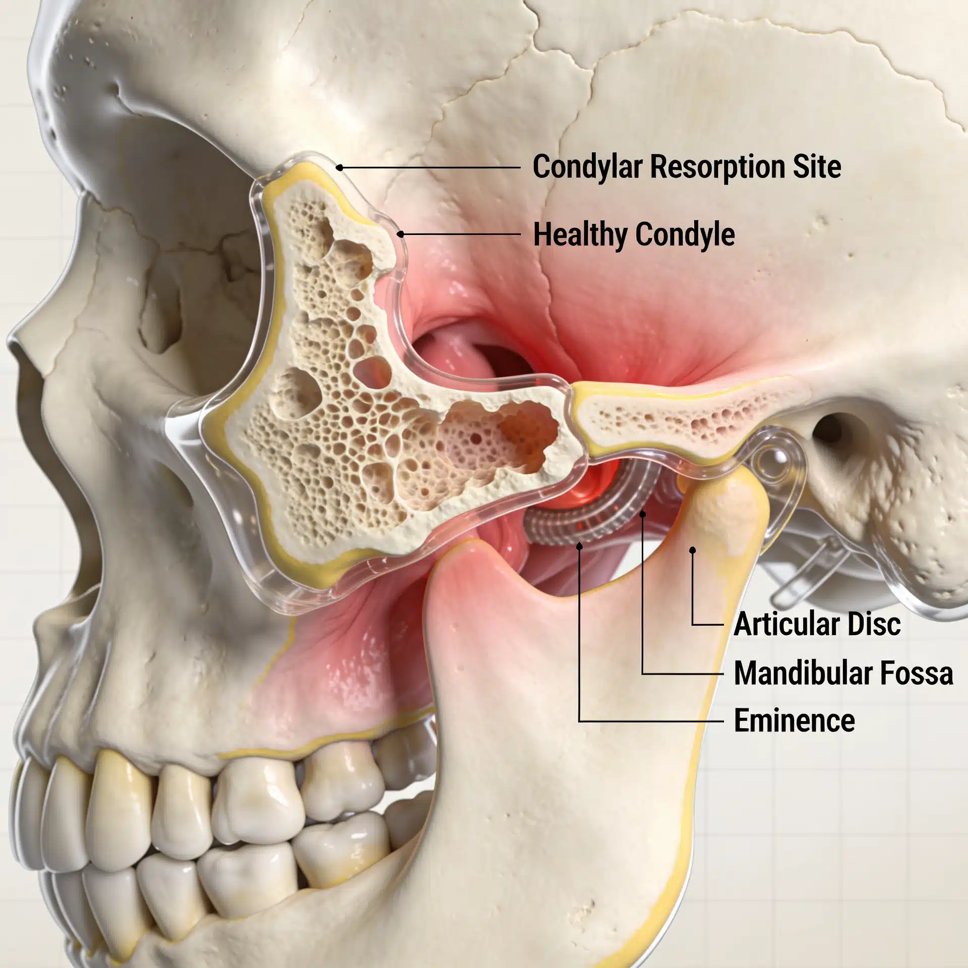 Cross-Section Of The Temporomandibular Joint Labeling The Condylar Resorption Site, A Healthy Condyle, The Articular Disc, The Mandibular Fossa, And The Articular Eminence.