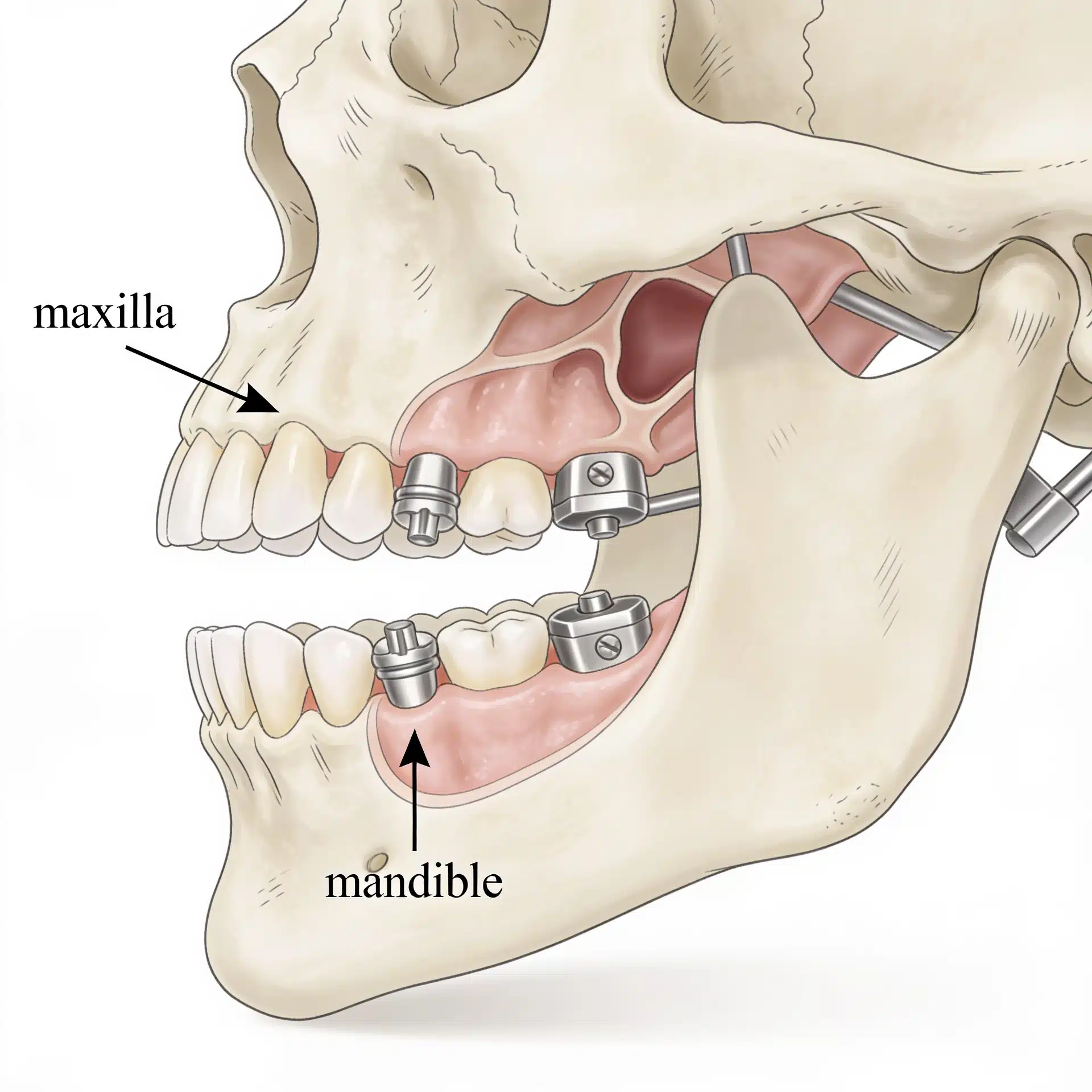 Lateral Illustration Of The Skull Labeling The Maxilla (Upper Jaw) And The Mandible (Lower Jaw), The Two Bones Repositioned In Maxillomandibular Advancement.