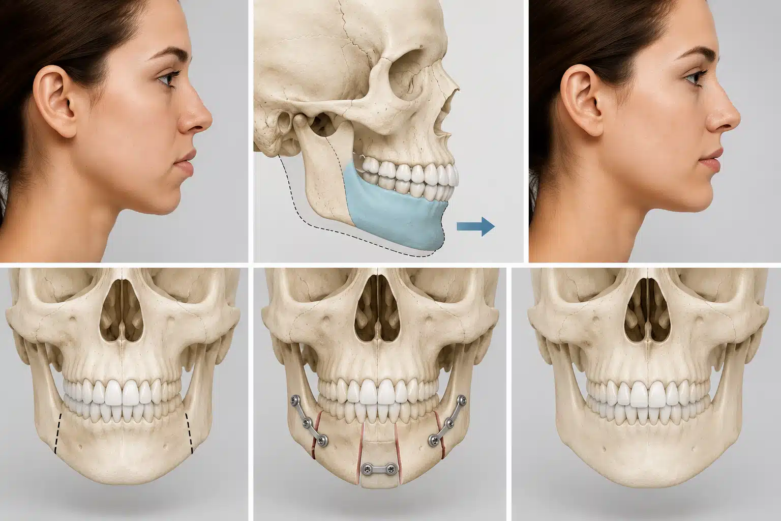 Before, Surgical-Plan, And After Views Of Corrective Jaw Surgery, With Frontal Skull Views Showing The Osteotomy Cuts, Fixation Plates And Screws, And The Healed Result.