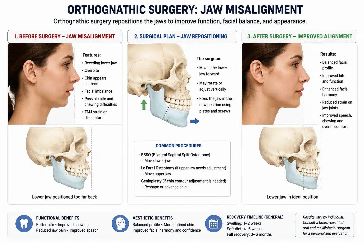 Infographic On Orthognathic Surgery For Jaw Misalignment: Before (Receded Lower Jaw), The Surgical Repositioning Plan, And The Corrected Result, With Common Procedures (Bsso, Le Fort I Osteotomy, Genioplasty) And A General Recovery Timeline.