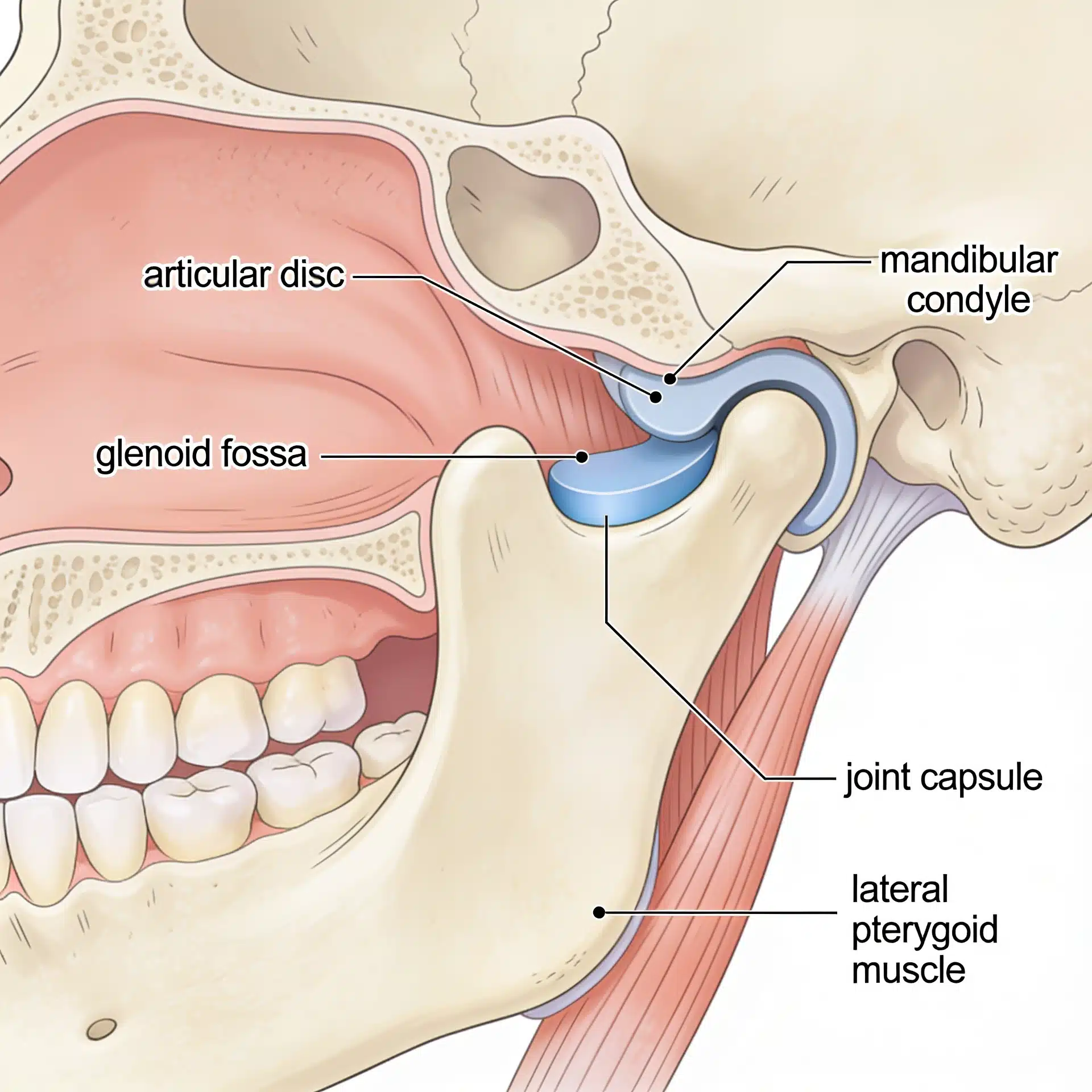 Labeled Cross-Section Of The Temporomandibular Joint Showing The Articular Disc Between The Mandibular Condyle And The Glenoid Fossa, With The Joint Capsule And Lateral Pterygoid Muscle.
