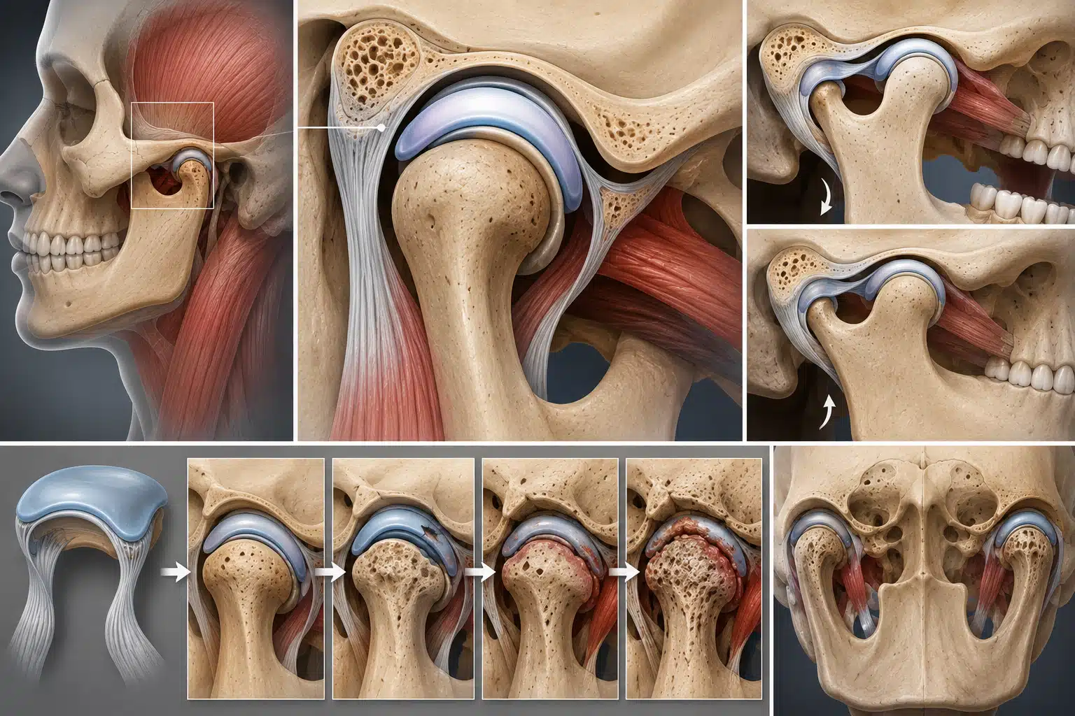 Anatomical Illustration Of The Temporomandibular Joint With A Stage-By-Stage Progression Of Cartilage Loss And Condylar Bone Erosion.