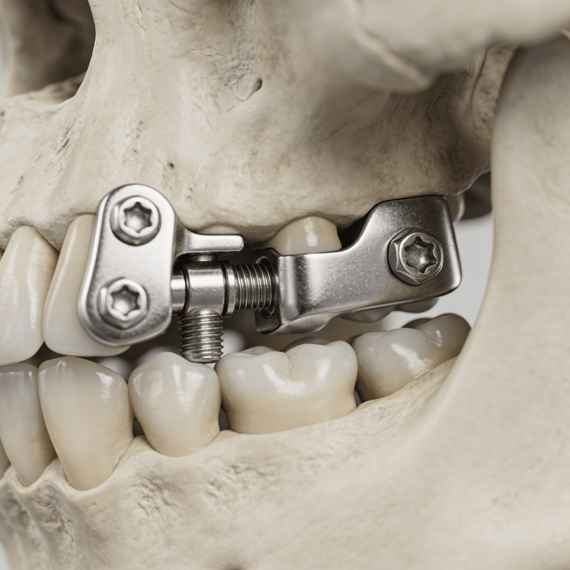 Close-Up Of A Titanium Total Joint Prosthesis Component Secured To The Jawbone With Bone Screws.