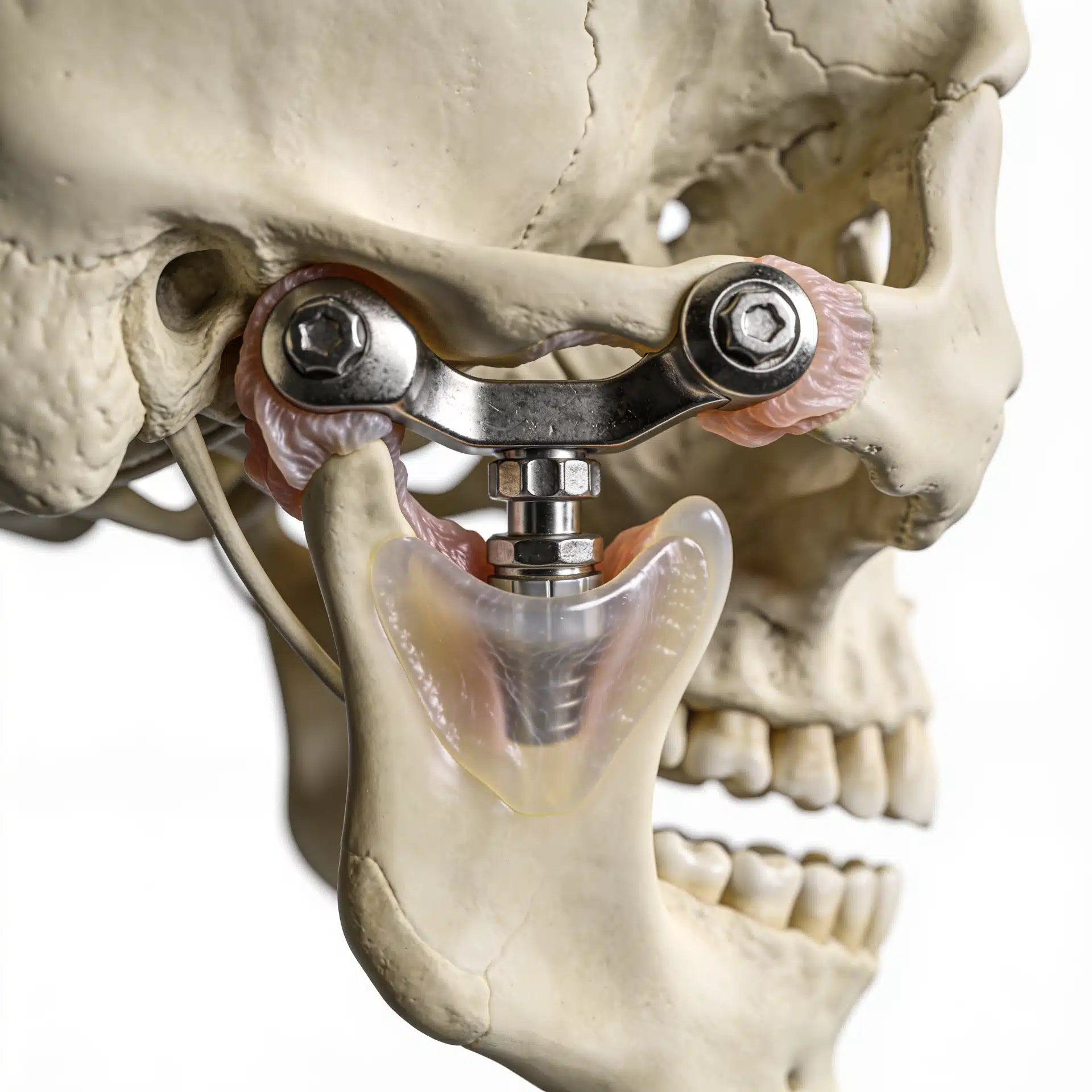 Anatomical Model Of A Total Temporomandibular Joint Prosthesis In Place, With A Fossa Component Fixed To The Skull Base By Bone Screws Articulating Against A Condyle Component Mounted On The Lower Jaw.